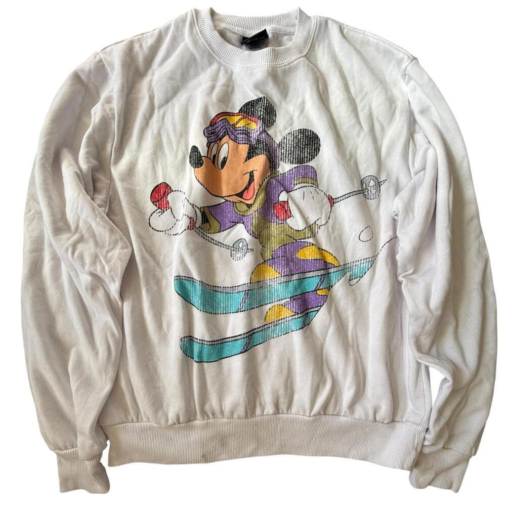 Disney Mickey Mouse Skiing Sweatshirt White 90s Style Small